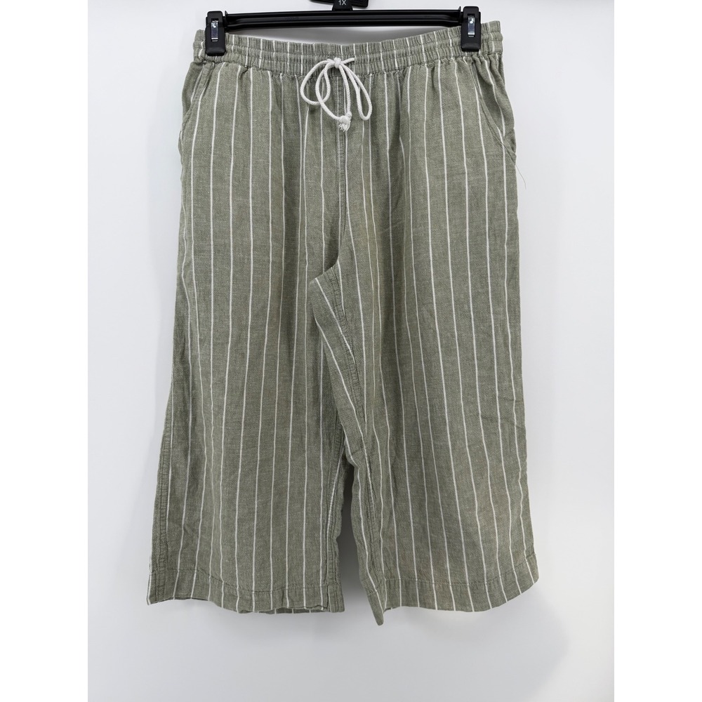 BeachLunchLounge Linen Blend Cropped Pants Womens M Olive Green White Striped